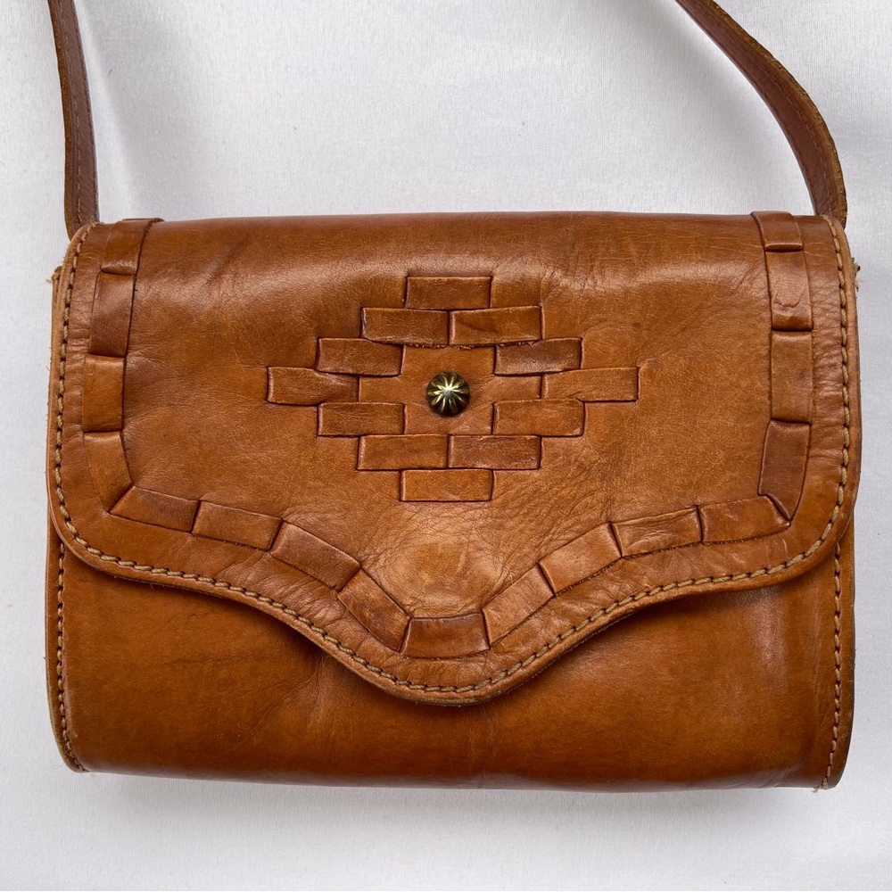 Vintage American West Woven Brown Leather Western Crossbody Bag Bohemian Tooled - Picture 2 of 9